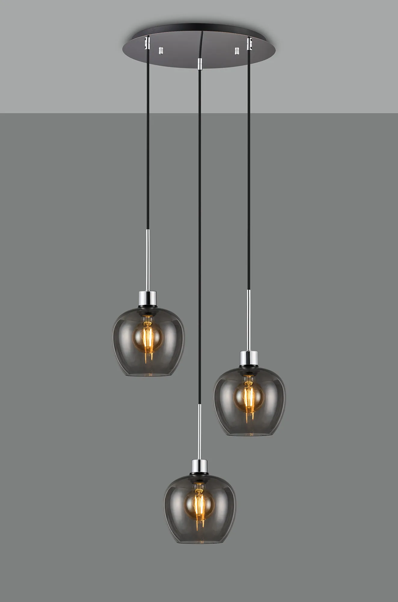 Lori 40cm Round Pendant, 3 Light Adjustable E27, Polished Chrome/Smoke Wine Shades DK1278  Deco Lori Polished Chrome